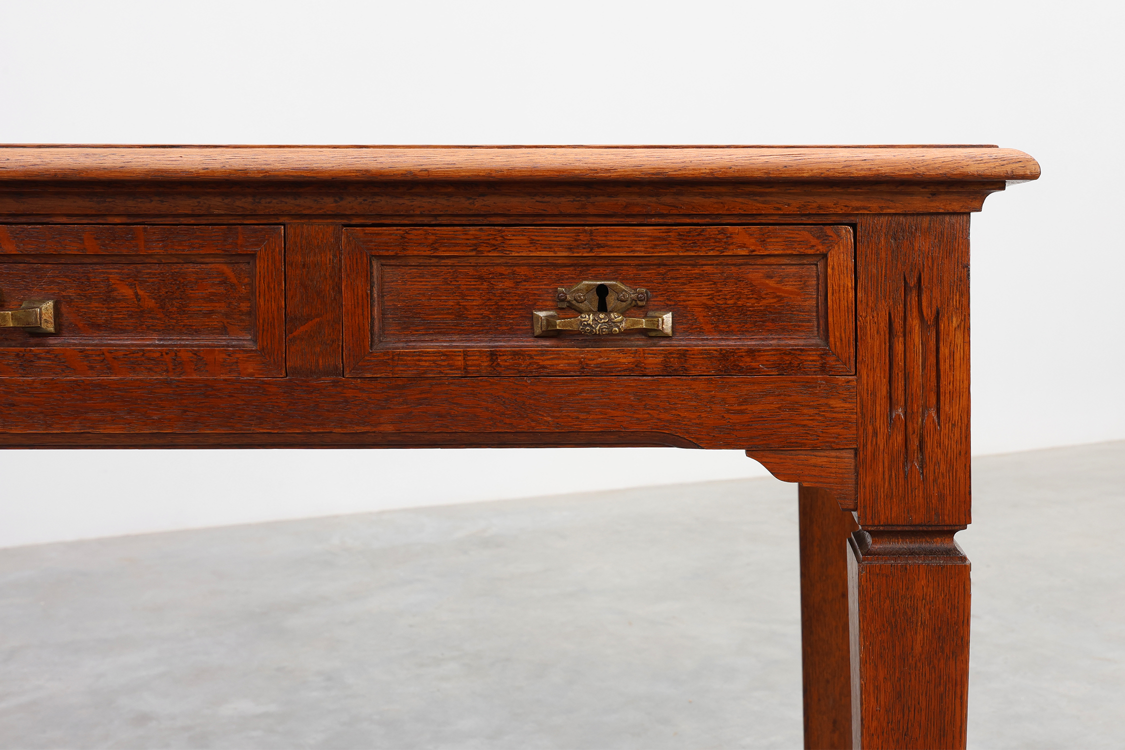 Art Deco carved oak Desk or Table with copper details, Belgium 1920sthumbnail